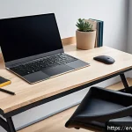 제품디자인 자격증 실기 도구 준비 - A modern workspace scene showcasing a designer&rsquo;s desk equipped with a high-performance laptop featur...